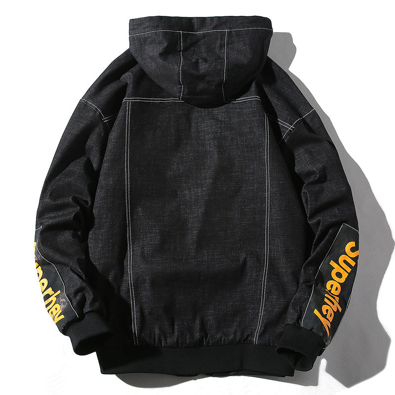 Denim Varsity Jacket Autumn Hooded Denim Jacket Men's Fashionable Printed Letter Men's Workwear Jacket