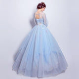 Women'S Evening Dress Ball Gown Princess Quinceanera Wedding Dresses Fashion Blue Long Sleeved Puffy Dress Dinner Party Stage Costume