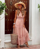 Bohemian Coachella Outfits Sexy Deep V Sleeveless Chiffon Dress Stitching Midi Dress