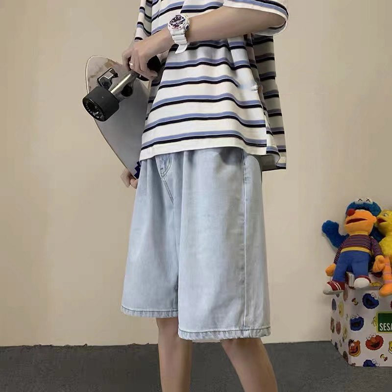 Men Denim Shorts Loose Straight-Leg Denim Cropped Pants Casual Pants