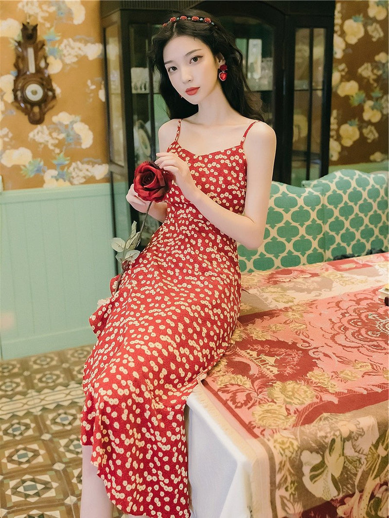 Red Small Floral Dress Summer Chiffon Retro Long Skirt Bohemia Retro Vintage Cottagecore Aesthetic Flowy Victoria Cottage Core Boho Dress
