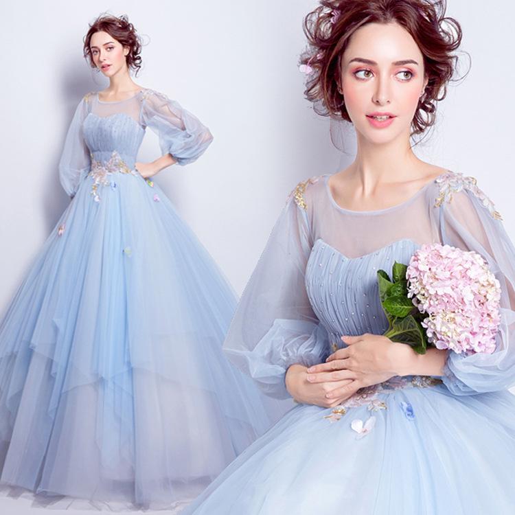 Women'S Evening Dress Ball Gown Princess Quinceanera Wedding Dresses Fashion Blue Long Sleeved Puffy Dress Dinner Party Stage Costume