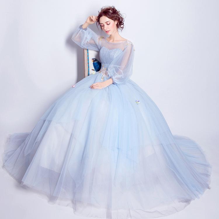 Women'S Evening Dress Ball Gown Princess Quinceanera Wedding Dresses Fashion Blue Long Sleeved Puffy Dress Dinner Party Stage Costume