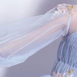 Women'S Evening Dress Ball Gown Princess Quinceanera Wedding Dresses Fashion Blue Long Sleeved Puffy Dress Dinner Party Stage Costume