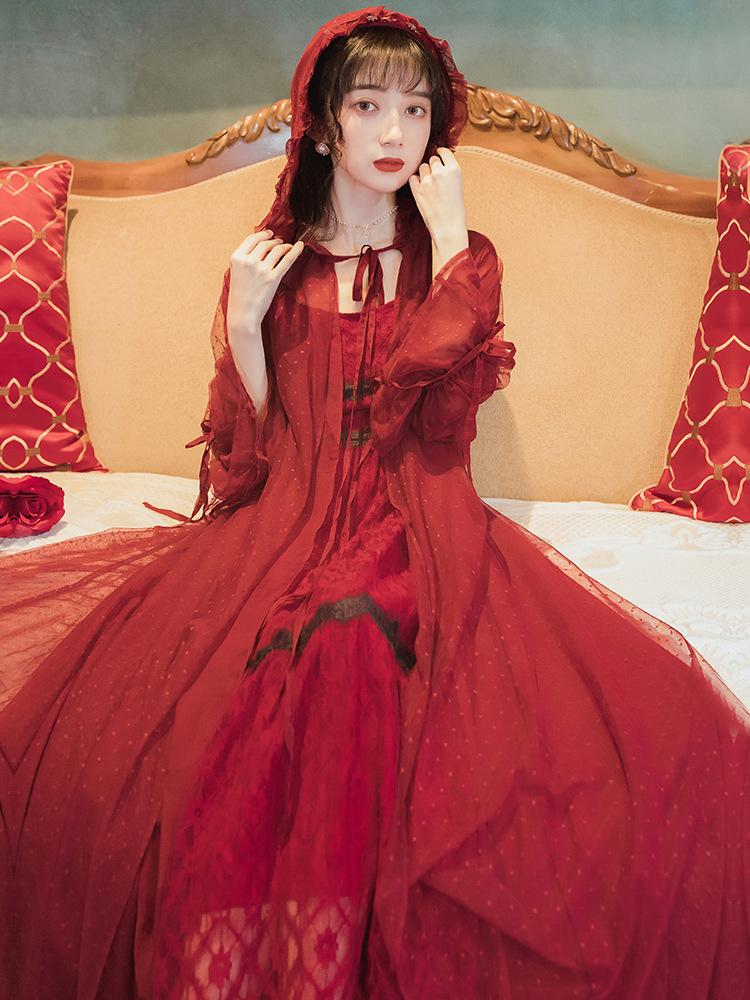 Vintage Red Lace Strap Dress Bohemia Retro Vintage Cottagecore Aesthetic Flowy Victoria Cottage Core Boho Dress