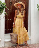 Bohemian Coachella Outfits Sexy Deep V Sleeveless Chiffon Dress Stitching Midi Dress