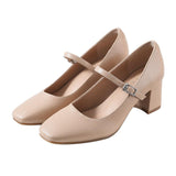 Nude Block Heels Mary Jane Shoes Autumn and Winter Square Head Female Chunky Heel High Heel