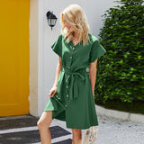 Safari Dress Retro V-neck Button Ruffle Sleeve Belt Dress