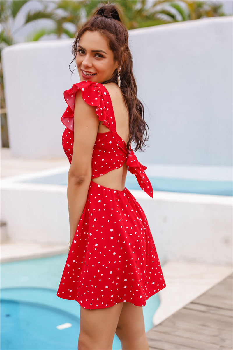Milkmaid Dress Polka Dot Vest Dress Backless Sexy Red Solid Color dresses