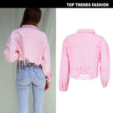 Brown Cropped Varsity Jacket Pink Navel Denim Jacket Coat
