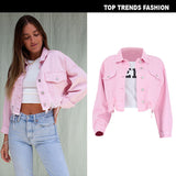Brown Cropped Varsity Jacket Pink Navel Denim Jacket Coat