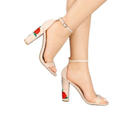 Rose Embroidery Nude Block Heels Chunky Heel High Heel Sandals
