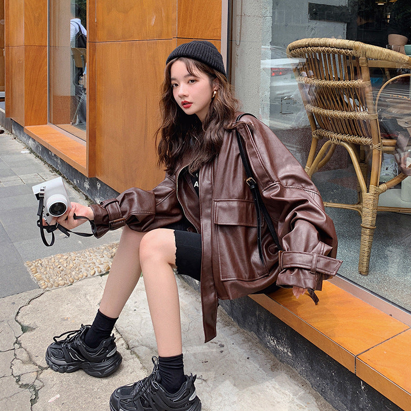Cute Leather Jacket Women's Spring and Autumn Loose Motorcycle Clothing