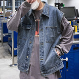 Denim Varsity Jacket Loose Denim Vest Men's Jacket Workwear Waistcoat Sleeveless Jacket