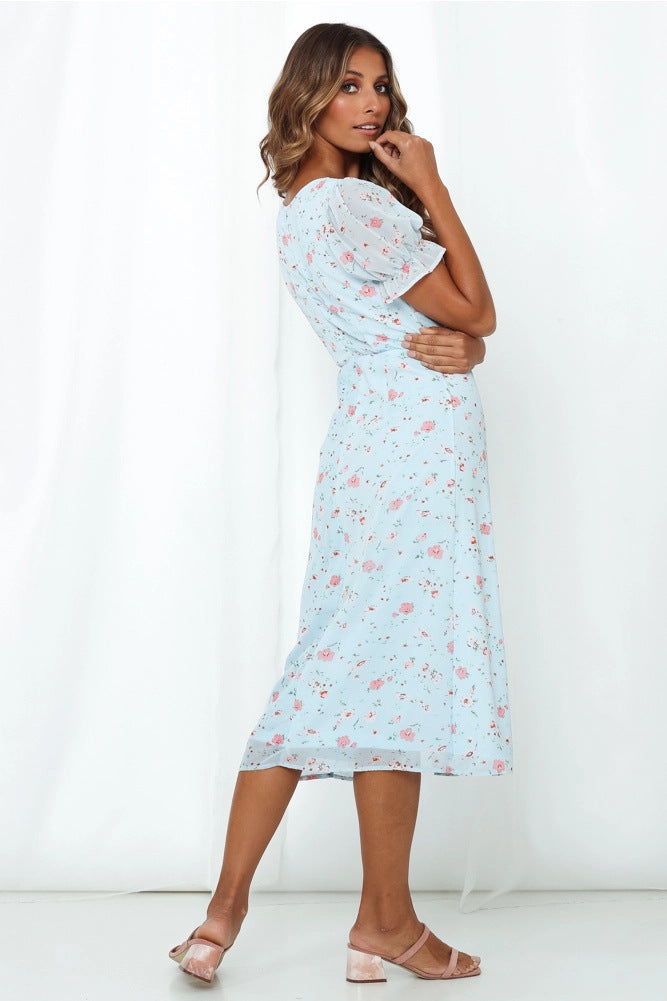 Milkmaid Dresses Summer Printed Vintage Square Collar Short Sleeve Maxi Dress