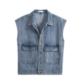 Denim Varsity Jacket Autumn Denim Vest Man Multi-Pocket Sleeveless Jacket Overalls