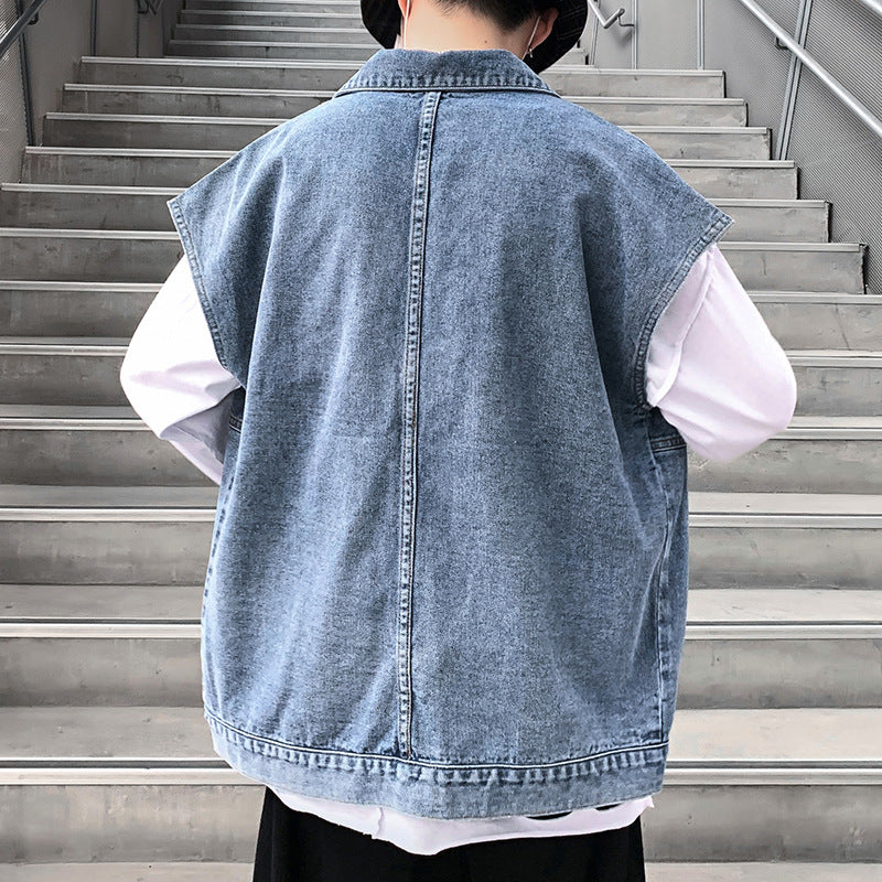 Denim Varsity Jacket Autumn Denim Vest Man Multi-Pocket Sleeveless Jacket Overalls