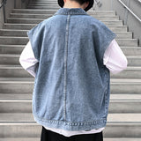Denim Varsity Jacket Autumn Denim Vest Man Multi-Pocket Sleeveless Jacket Overalls