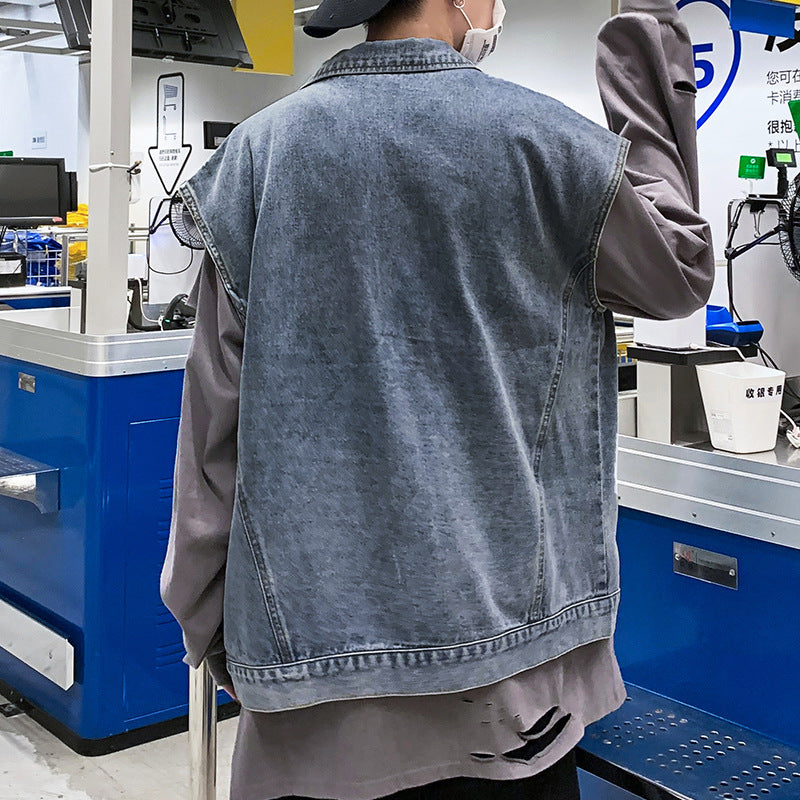 Denim Varsity Jacket Loose Denim Vest Men's Jacket Workwear Waistcoat Sleeveless Jacket