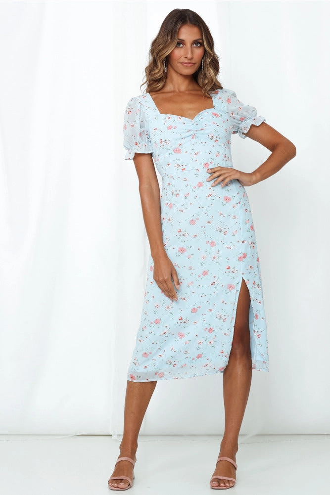 Milkmaid Dresses Summer Printed Vintage Square Collar Short Sleeve Maxi Dress