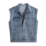 Denim Varsity Jacket Loose Denim Vest Men's Jacket Workwear Waistcoat Sleeveless Jacket