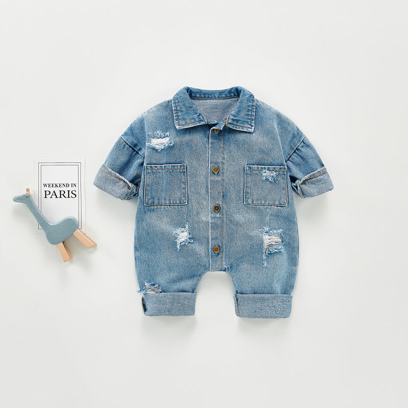 Autumn Rompers Autumn Fashion Denim Jumpsuit Long Sleeve Ripped Rompers Jumpsuit
