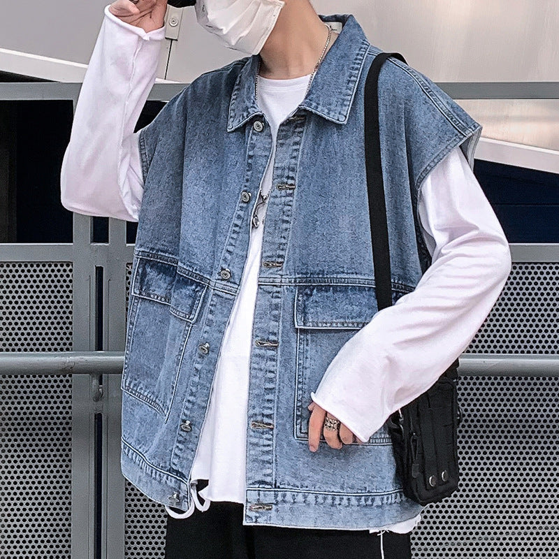 Denim Varsity Jacket Autumn Denim Vest Man Multi-Pocket Sleeveless Jacket Overalls