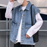 Denim Varsity Jacket Autumn Denim Vest Man Multi-Pocket Sleeveless Jacket Overalls