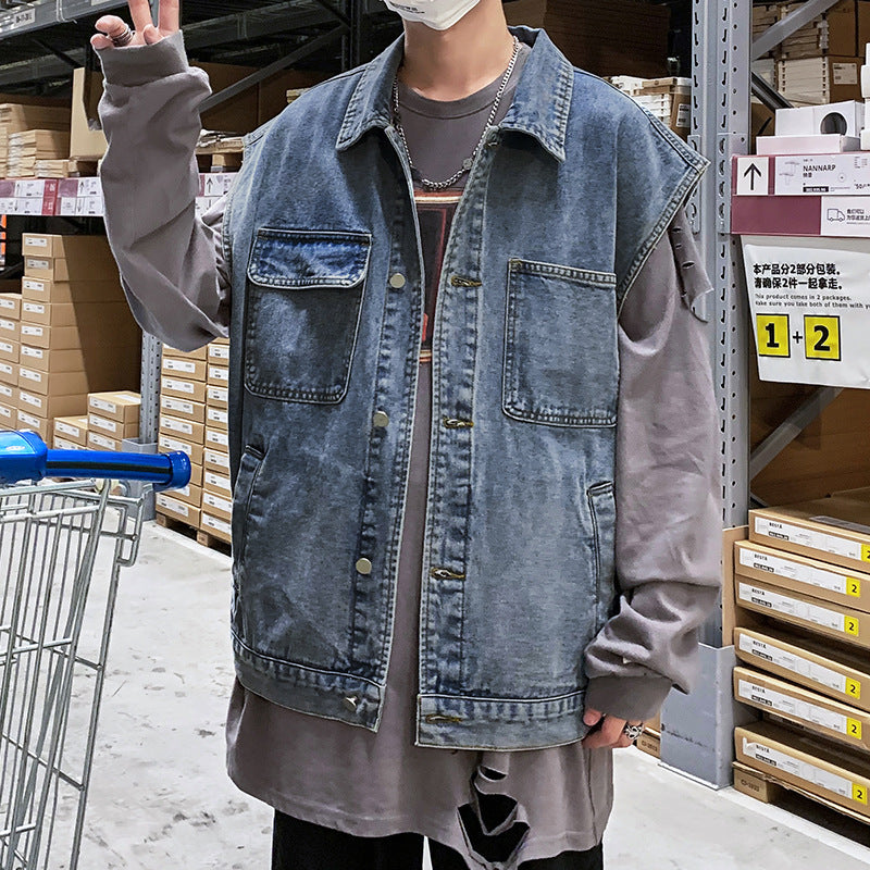 Denim Varsity Jacket Loose Denim Vest Men's Jacket Workwear Waistcoat Sleeveless Jacket