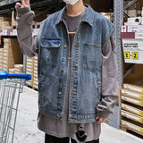Denim Varsity Jacket Loose Denim Vest Men's Jacket Workwear Waistcoat Sleeveless Jacket