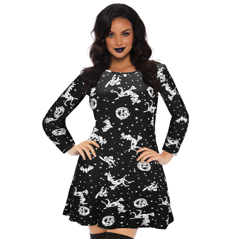 Skull Dress Autumn and Winter Dress Pumpkin Print Long Sleeve Skirt