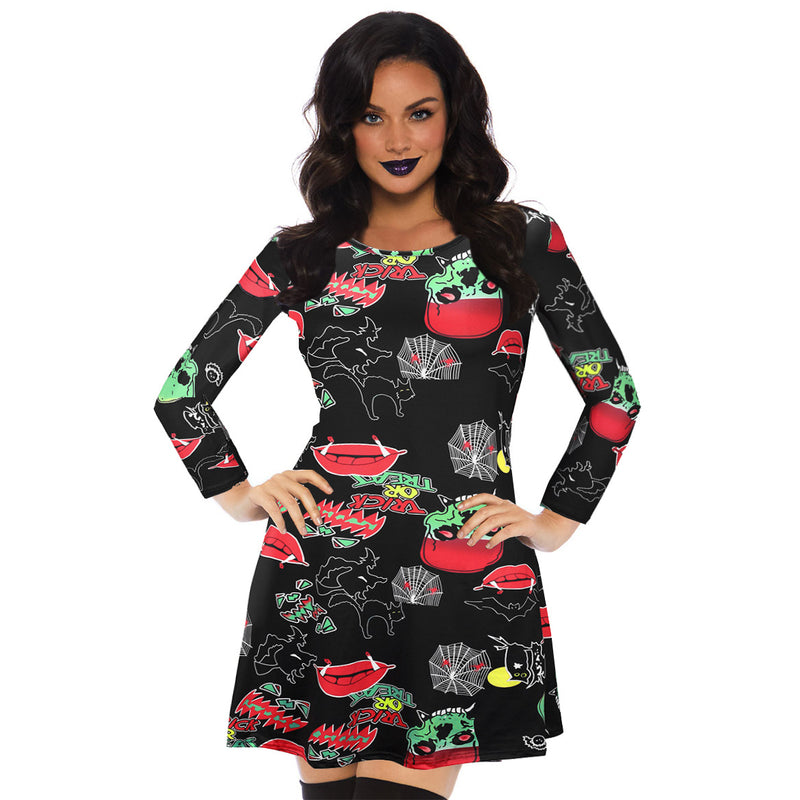 Skull Dress Autumn and Winter Dress Pumpkin Print Long Sleeve Skirt