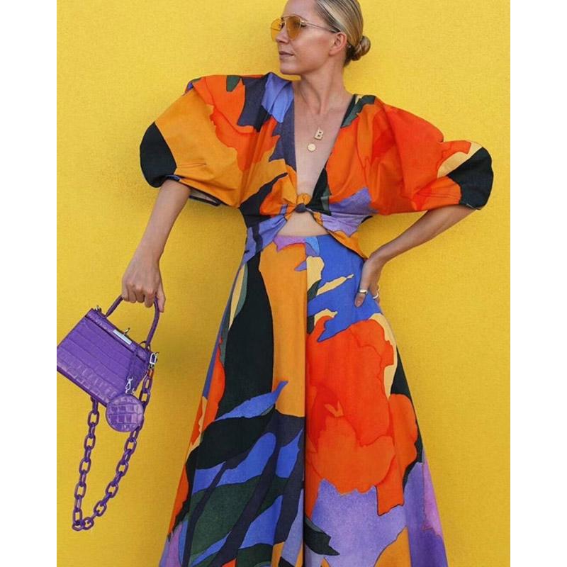 Sexy V-neck Hollow-out Midriff Lantern Sleeve Short Sleeve Contrast Color Large Swing cottagecore aesthetic dress