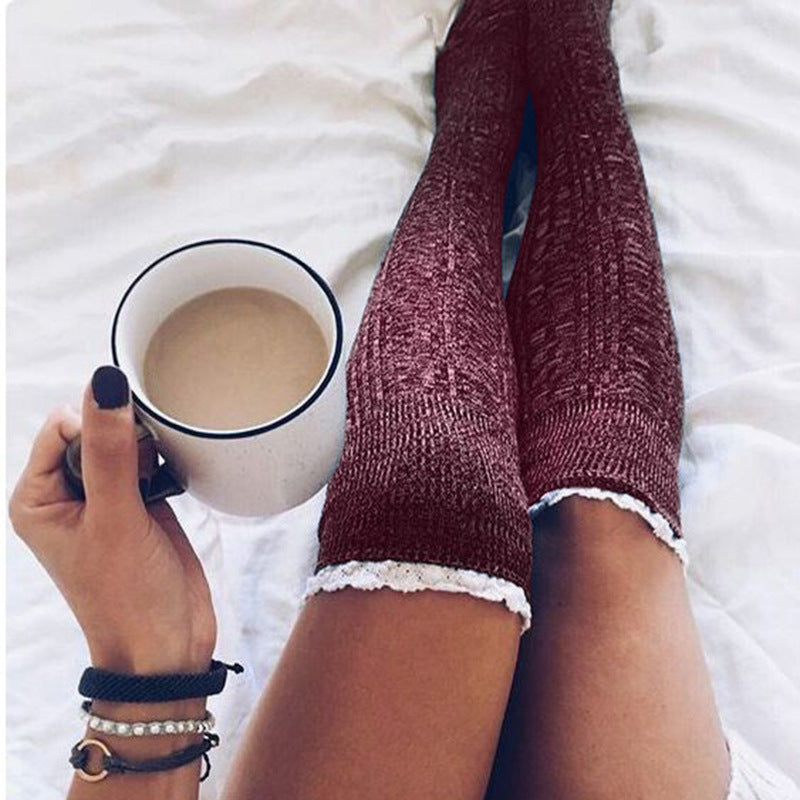 Winter Thick Knit Thigh High Socks Long Stockings Boot Lace Stockings Knitted Knee Socks Women
