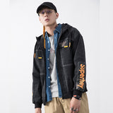 Denim Varsity Jacket Autumn | Hooded Casual Denim Jacket Letter Printed Men's Workwear Jacket