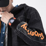 Denim Varsity Jacket Autumn | Hooded Casual Denim Jacket Letter Printed Men's Workwear Jacket