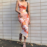 Burnt Orange Dress Autumn Women's Clothing Fashion Printing Loose Backless Back Rope Halter Long Dress