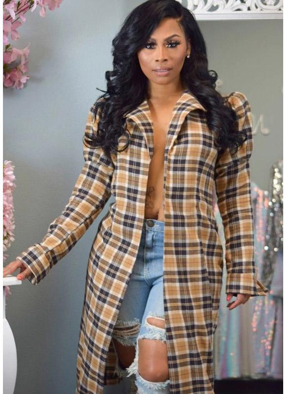 Women's Plaid Lapel Mid-Length Trench Coat