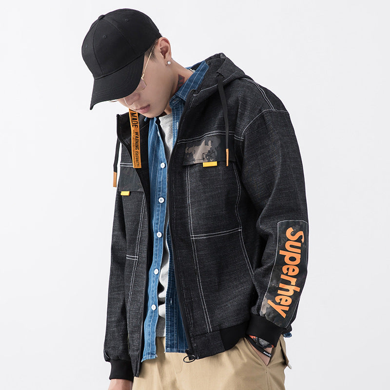 Denim Varsity Jacket Autumn | Hooded Casual Denim Jacket Letter Printed Men's Workwear Jacket