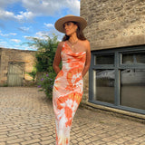 Burnt Orange Dress Autumn Women's Clothing Fashion Printing Loose Backless Back Rope Halter Long Dress