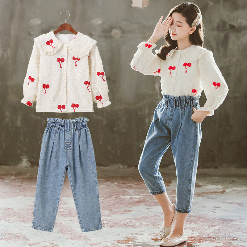 Children's Spring Autumn Blouse Jeans Set Children Girl's Pants