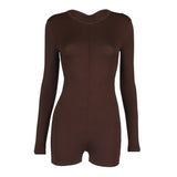Summer Solid Color Back Pleating Midriff Outfit Front Chest Zipper Sexy One-Piece Shorts