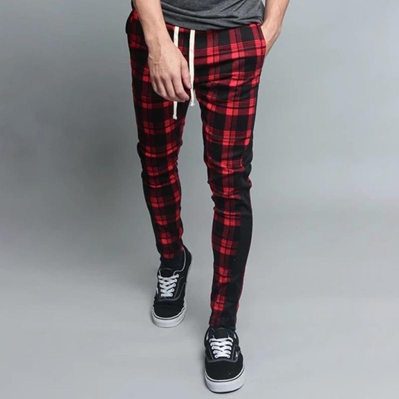 Men's Plaid Pant Man Checked Pants Men's Casual Sports Pants Men's Plaid Colorblock Trendy Slim Fit Ankle Tight Trousers
