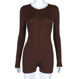 Summer Solid Color Back Pleating Midriff Outfit Front Chest Zipper Sexy One-Piece Shorts