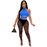 See through Pants Suit See-through Color Block Ladies Two-Piece Set