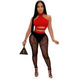 See through Pants Suit See-through Color Block Ladies Two-Piece Set