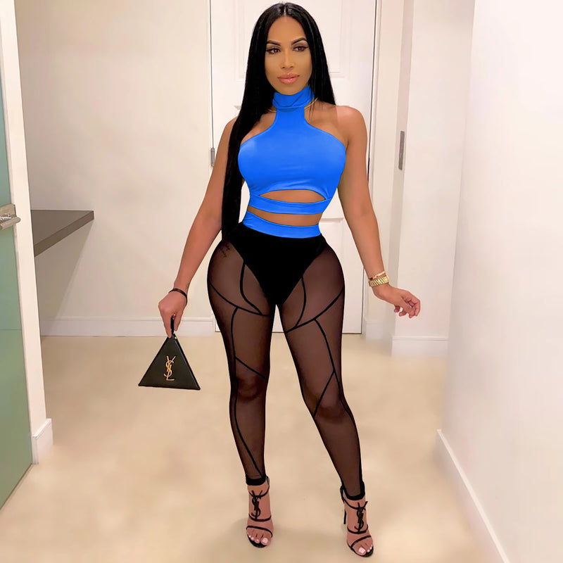 See through Pants Suit See-through Color Block Ladies Two-Piece Set