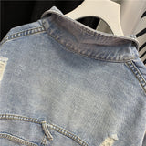 90S Outfits Spring and Autumn Denim Jacket Women's Frayed Patchwork Retro Casual Jacket