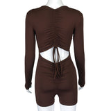 Summer Solid Color Back Pleating Midriff Outfit Front Chest Zipper Sexy One-Piece Shorts