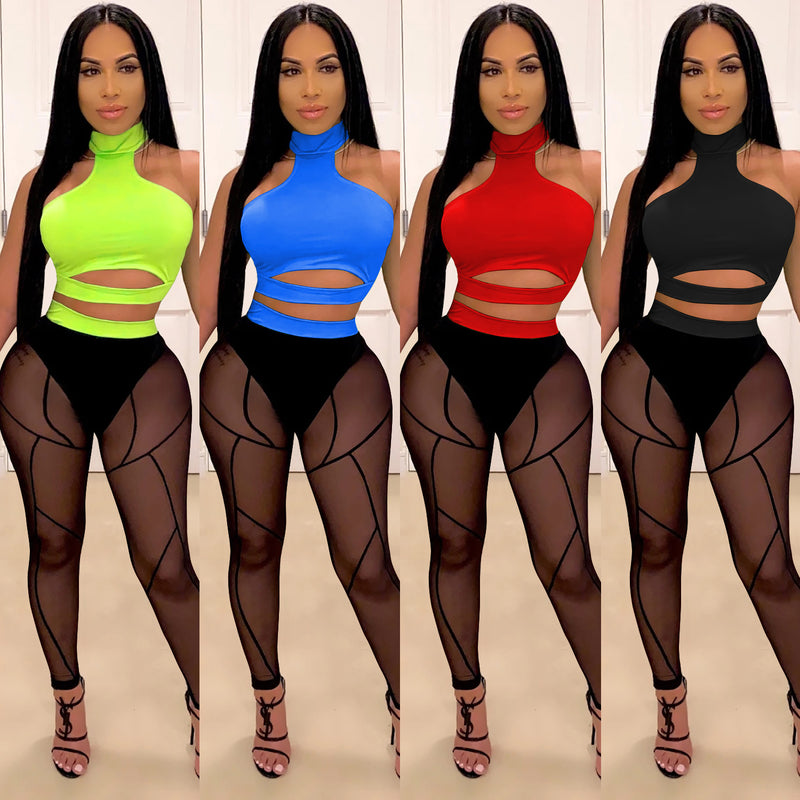 See through Pants Suit Fashion Nightclub See-through Color Matching Ladies Two-Piece Set